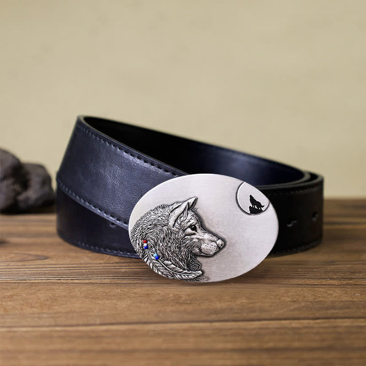 Cinturón de cuero con hebilla de lobo indio para hombre hecho a mano