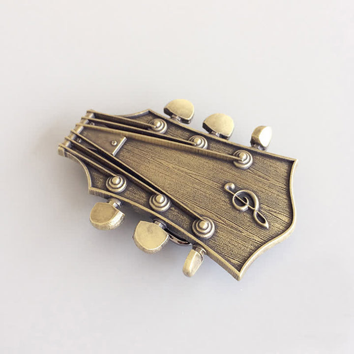 Cinturón de cuero con hebilla musical de guitarra de bronce para hombre hecho a mano