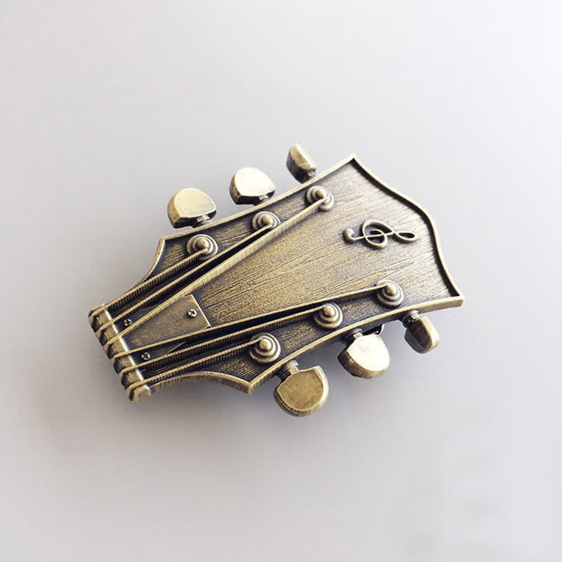 Cinturón de cuero con hebilla musical de guitarra de bronce para hombre hecho a mano