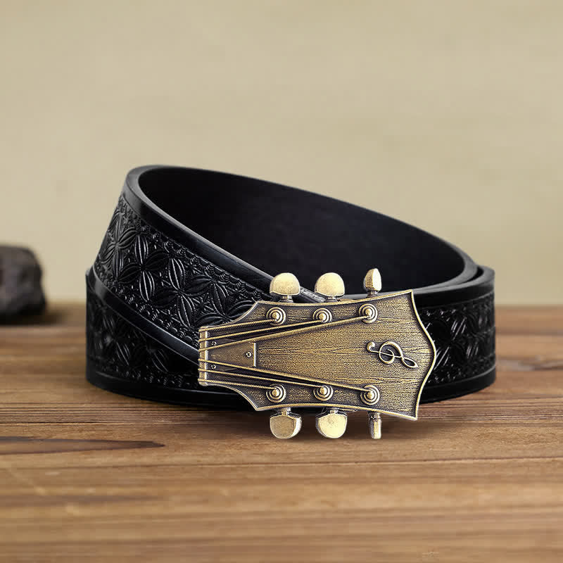 Cinturón de cuero con hebilla musical de guitarra de bronce para hombre hecho a mano