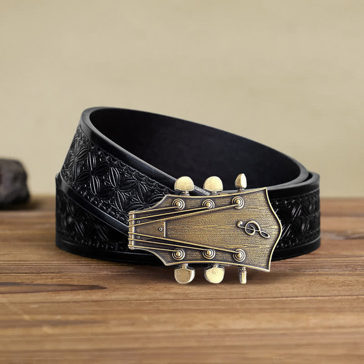 Cinturón de cuero con hebilla musical de guitarra de bronce para hombre hecho a mano