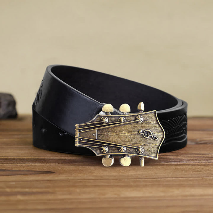 Cinturón de cuero con hebilla musical de guitarra de bronce para hombre hecho a mano
