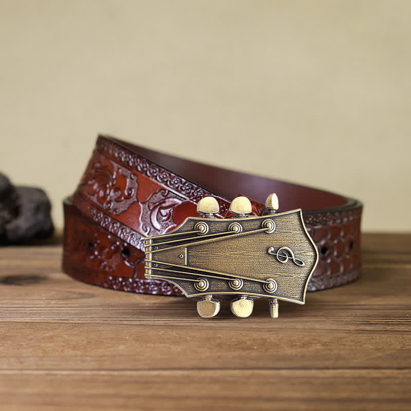 Cinturón de cuero con hebilla musical de guitarra de bronce para hombre hecho a mano