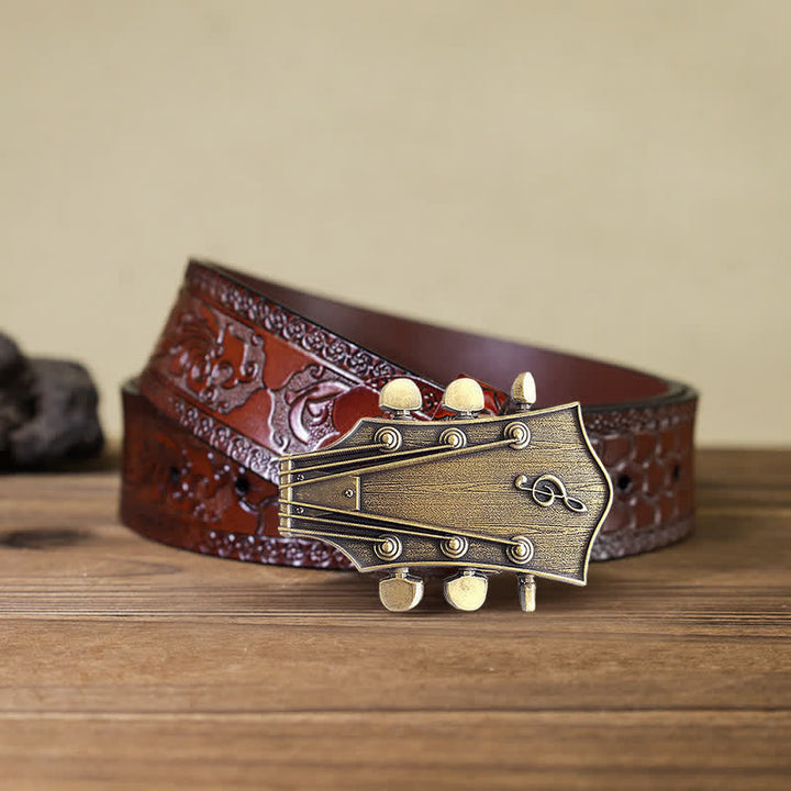 Cinturón de cuero con hebilla musical de guitarra de bronce para hombre hecho a mano