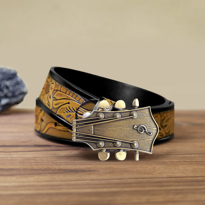 Cinturón de cuero con hebilla musical de guitarra de bronce para hombre hecho a mano