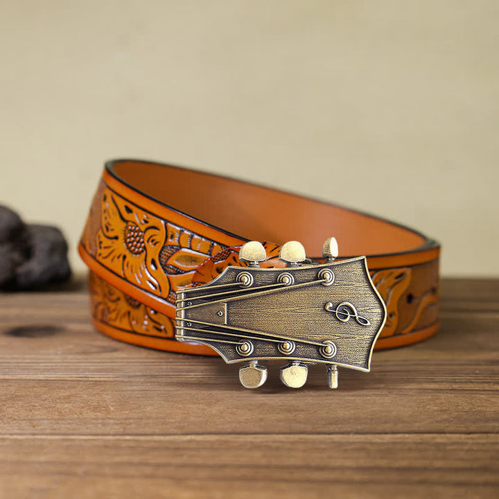 Cinturón de cuero con hebilla musical de guitarra de bronce para hombre hecho a mano