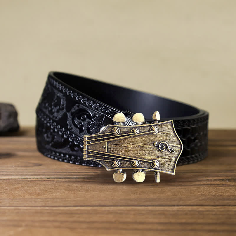 Cinturón de cuero con hebilla musical de guitarra de bronce para hombre hecho a mano
