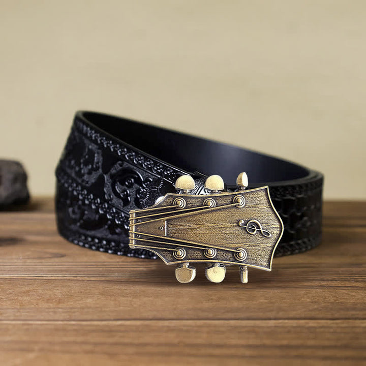Cinturón de cuero con hebilla musical de guitarra de bronce para hombre hecho a mano