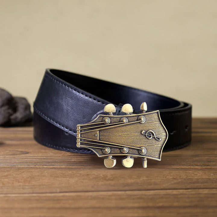 Cinturón de cuero con hebilla musical de guitarra de bronce para hombre hecho a mano
