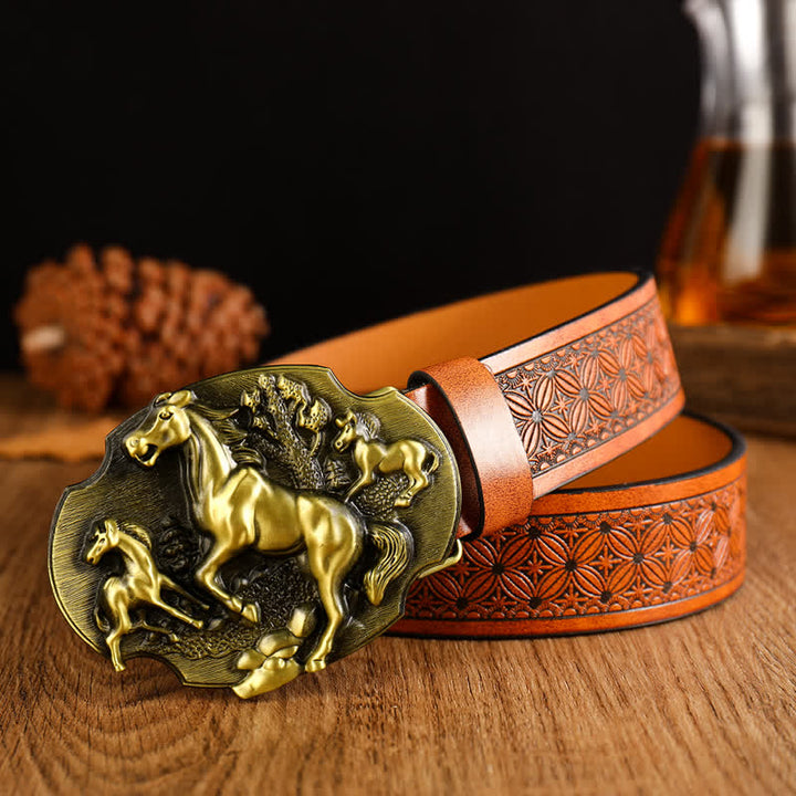 Cinturón de piel con estampado floral y hebilla de caballo y vaca