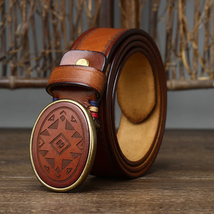 Cinturón de cuero genuino grueso con patrón grabado vintage
