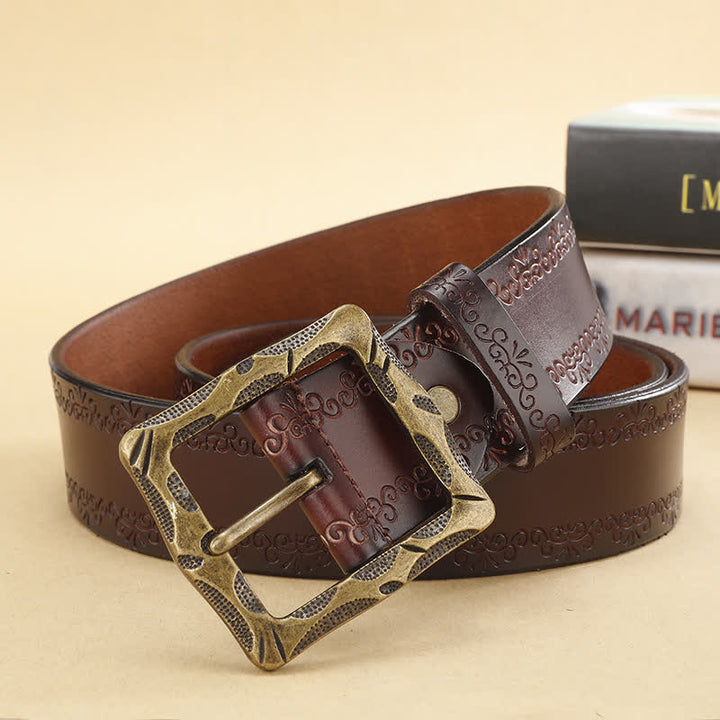 Cinturón de piel con hebilla rectangular y correa floral