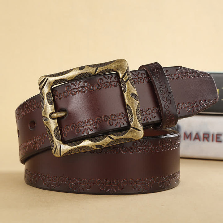 Cinturón de piel con hebilla rectangular y correa floral