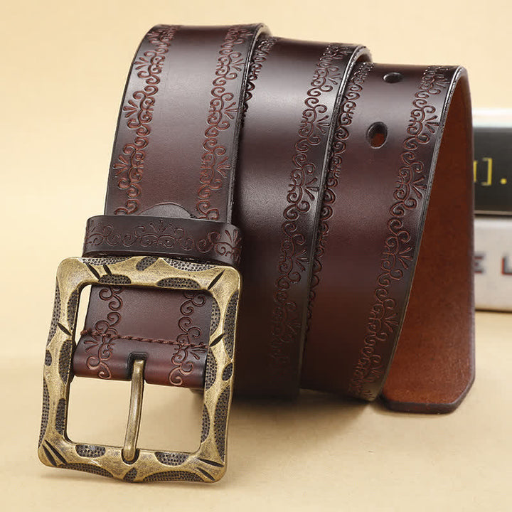Cinturón de piel con hebilla rectangular y correa floral