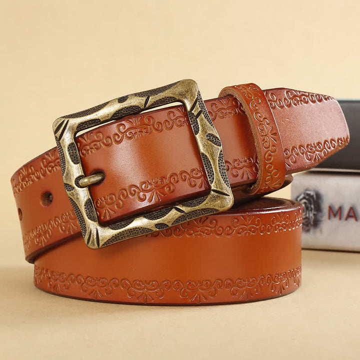 Cinturón de piel con hebilla rectangular y correa floral
