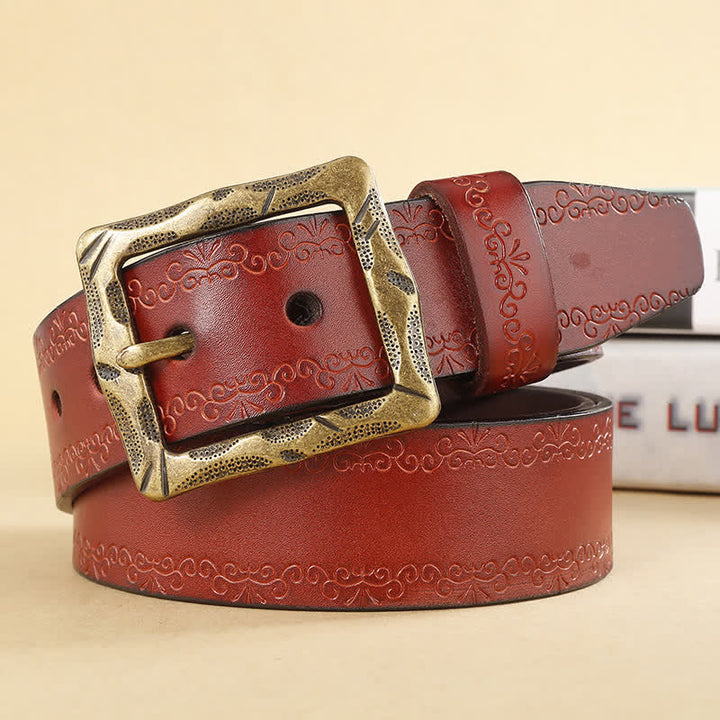 Cinturón de piel con hebilla rectangular y correa floral