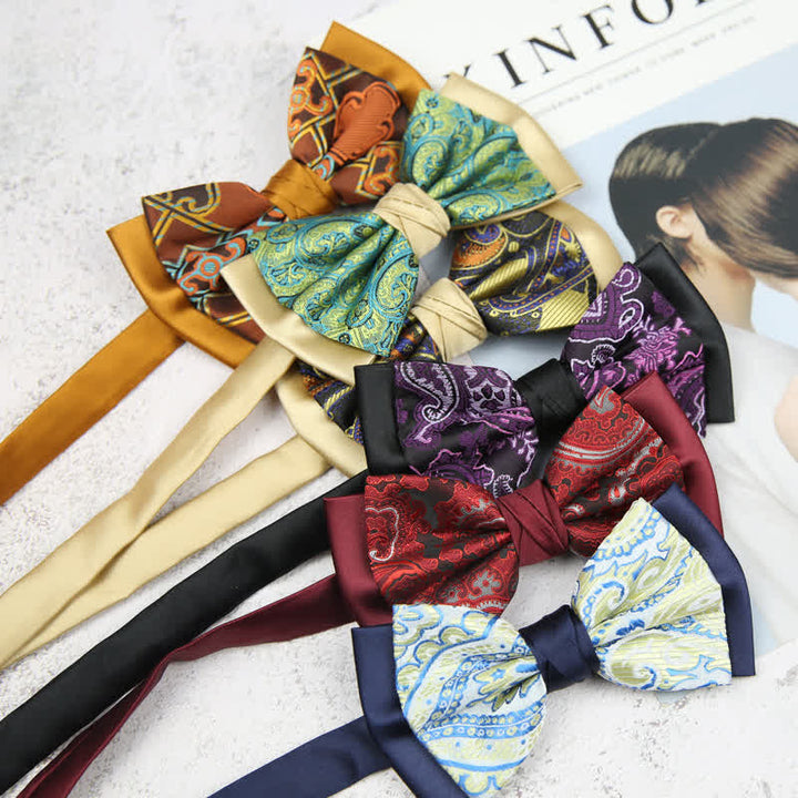 Pajarita de novio de dos capas con estampado floral de cachemira para hombre