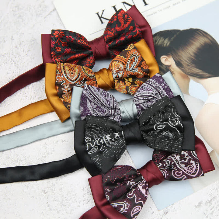 Pajarita de novio de dos capas con estampado floral de cachemira para hombre