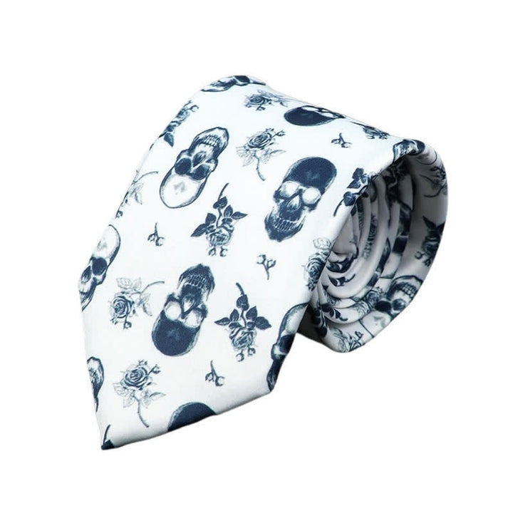 Corbata con estampado de calavera y rosas de base blanca para hombre