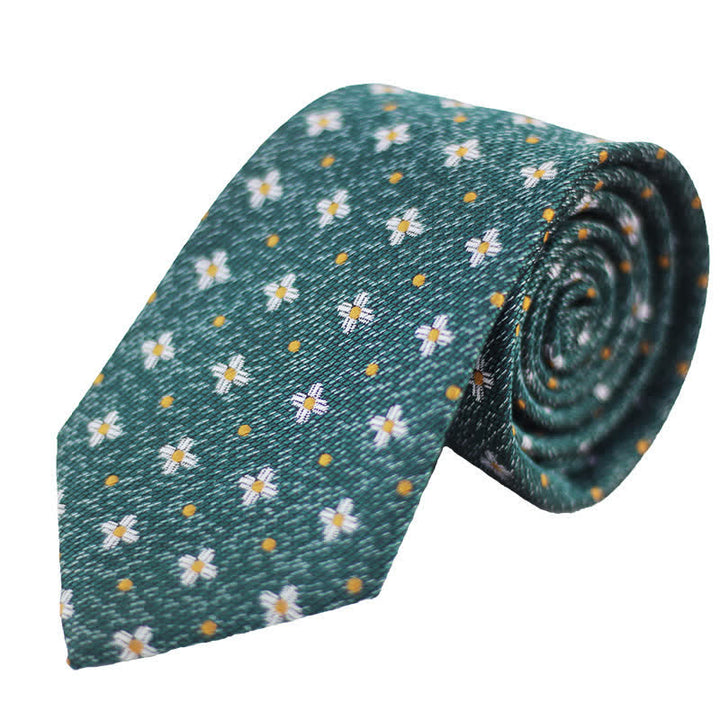 Corbata de hombre con estampado floral de lunares y margaritas en verde oscuro