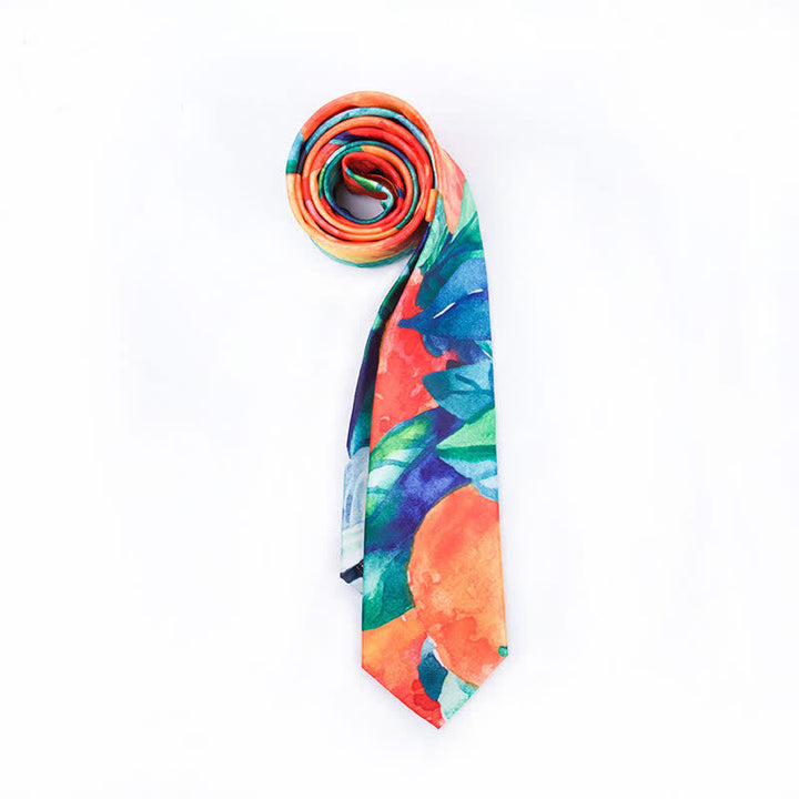 Corbata estampada con hojas verdes y naranjas para hombre