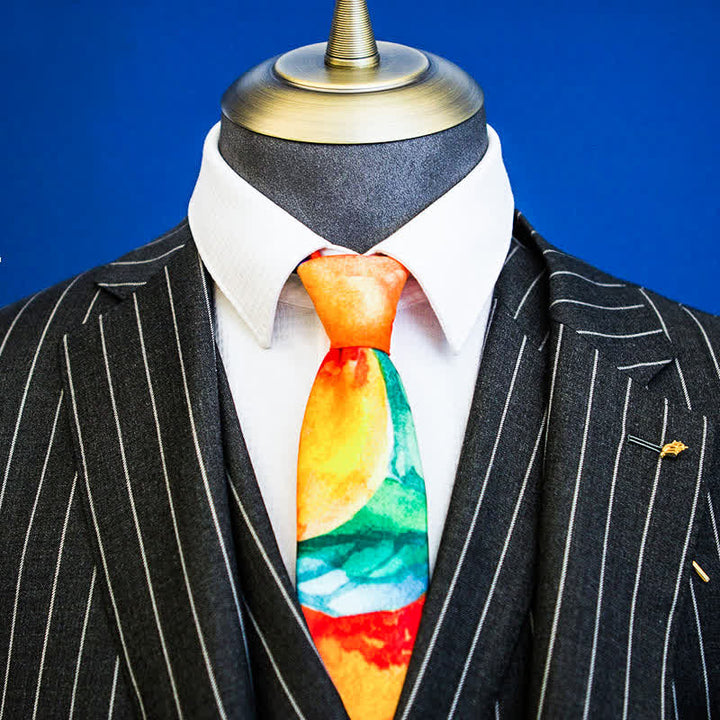 Corbata estampada con hojas verdes y naranjas para hombre