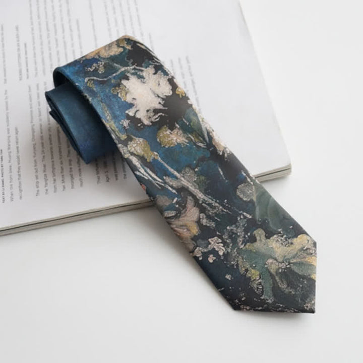 Corbata para hombre con hojas de loto pintadas al óleo en azul y verde