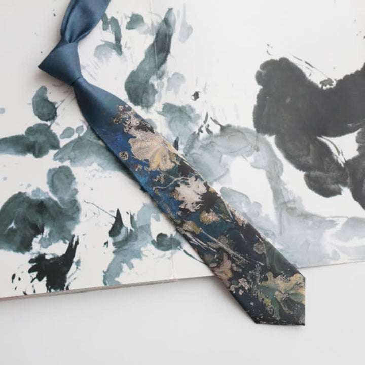 Corbata para hombre con hojas de loto pintadas al óleo en azul y verde