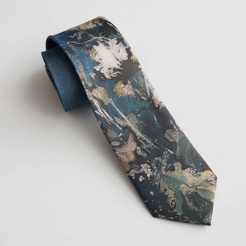 Corbata para hombre con hojas de loto pintadas al óleo en azul y verde