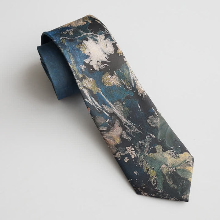 Corbata para hombre con hojas de loto pintadas al óleo en azul y verde