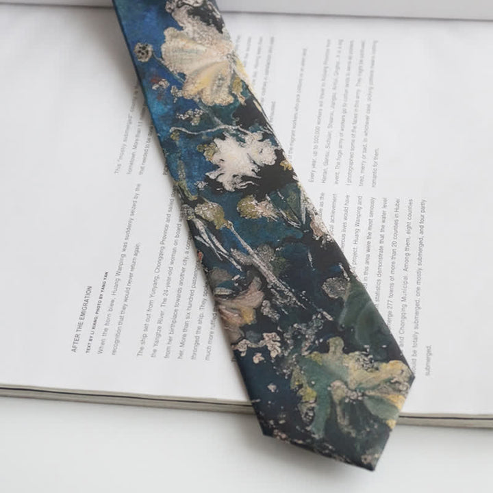 Corbata para hombre con hojas de loto pintadas al óleo en azul y verde