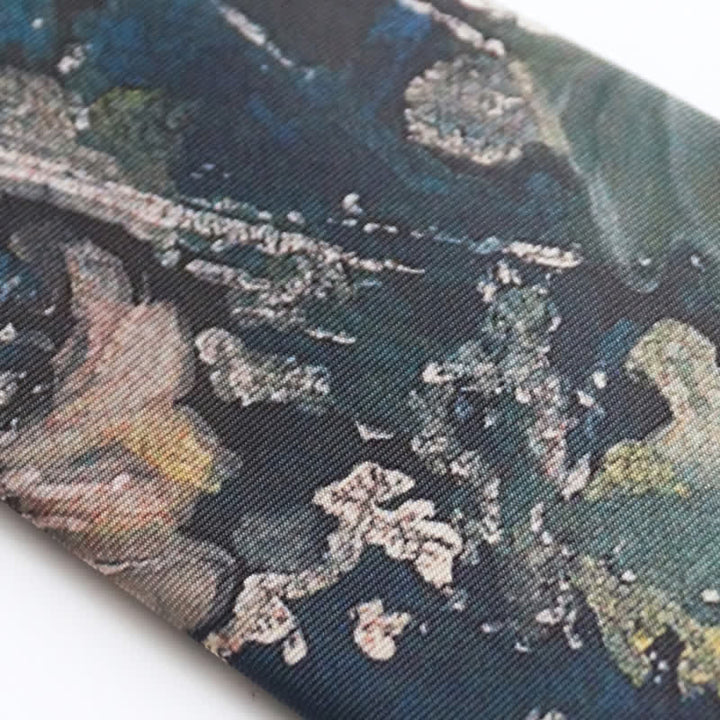Corbata para hombre con hojas de loto pintadas al óleo en azul y verde