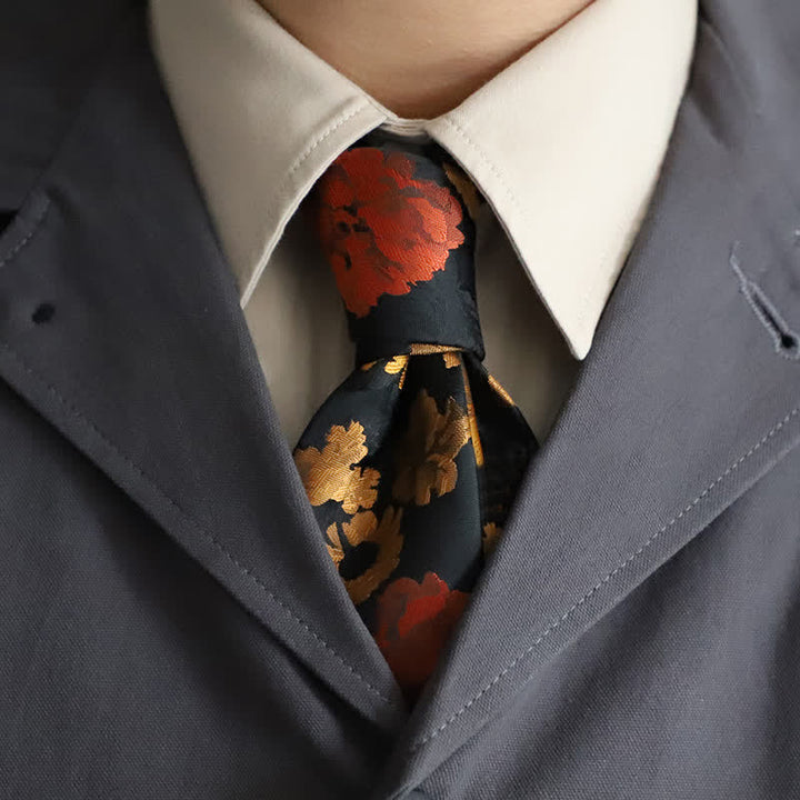 Corbata de hombre con estampado floral en negro y rojo