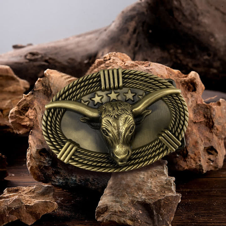 Cinturón de cuero con hebilla de cabeza de toro de cinco estrellas estilo retro para hombre