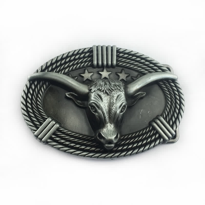 Cinturón de cuero con hebilla de cabeza de toro de cinco estrellas estilo retro para hombre