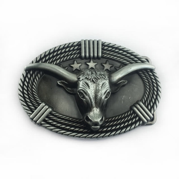 Cinturón de cuero con hebilla de cabeza de toro de cinco estrellas estilo retro para hombre