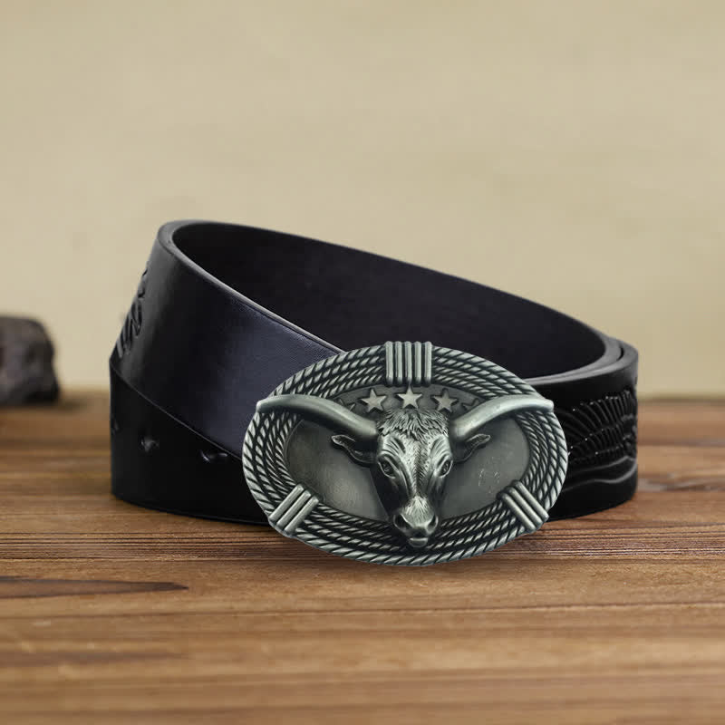 Cinturón de cuero con hebilla de cabeza de toro de cinco estrellas estilo retro para hombre