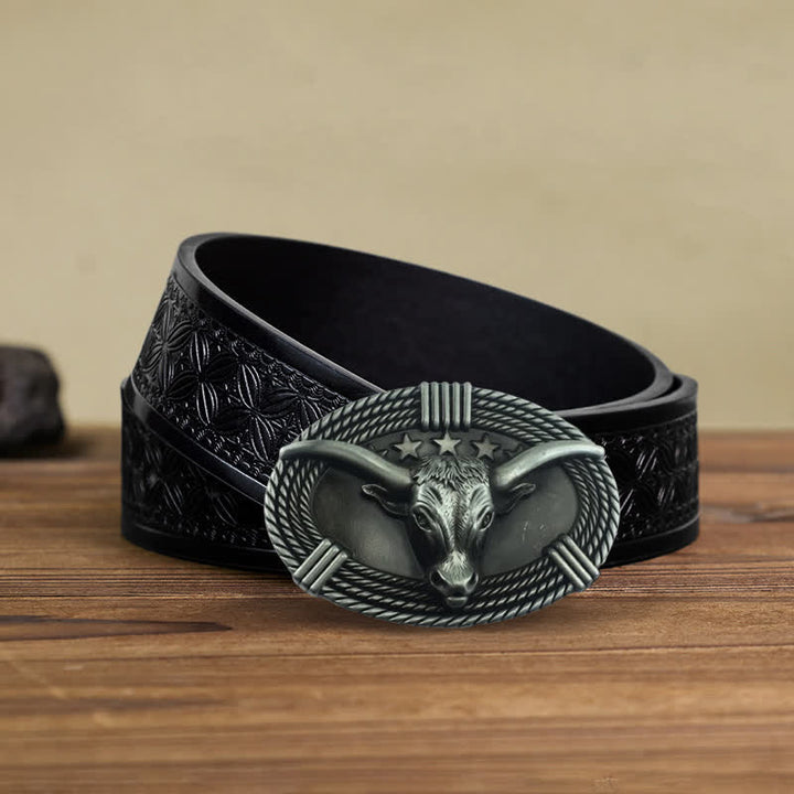 Cinturón de cuero con hebilla de cabeza de toro de cinco estrellas estilo retro para hombre