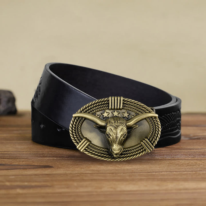 Cinturón de cuero con hebilla de cabeza de toro de cinco estrellas estilo retro para hombre