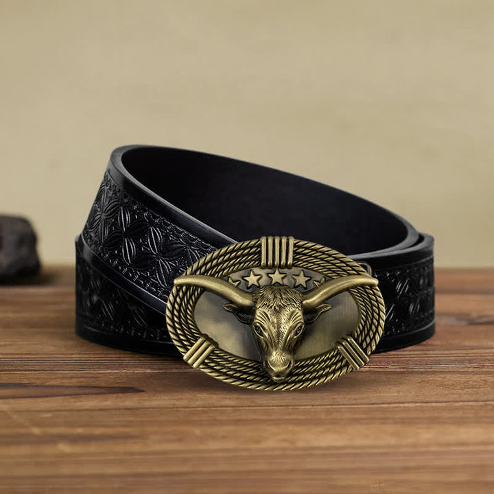Cinturón de cuero con hebilla de cabeza de toro de cinco estrellas estilo retro para hombre