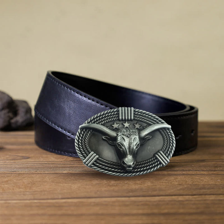 Cinturón de cuero con hebilla de cabeza de toro de cinco estrellas estilo retro para hombre
