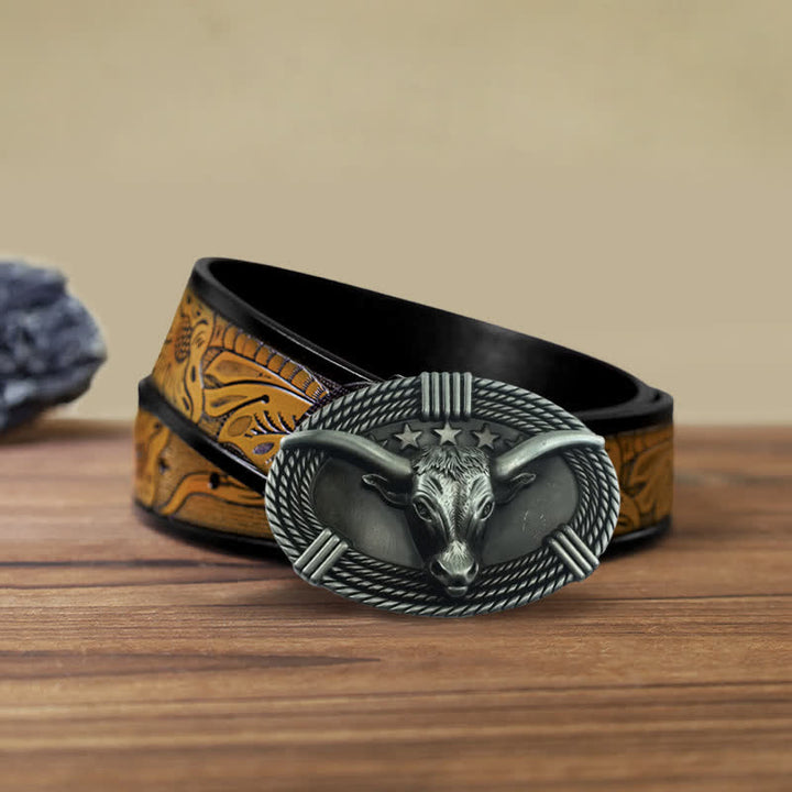 Cinturón de cuero con hebilla de cabeza de toro de cinco estrellas estilo retro para hombre