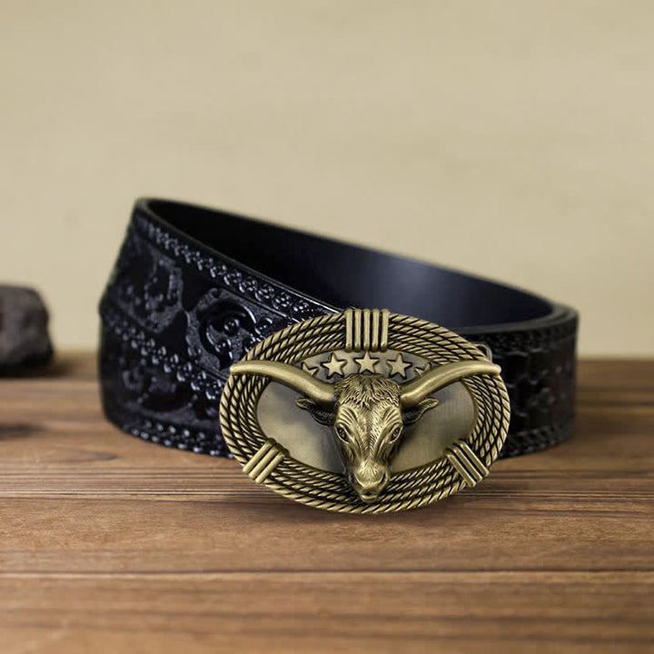 Cinturón de cuero con hebilla de cabeza de toro de cinco estrellas estilo retro para hombre