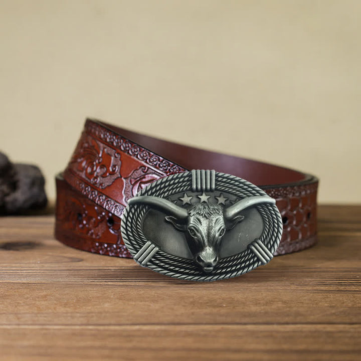 Cinturón de cuero con hebilla de cabeza de toro de cinco estrellas estilo retro para hombre