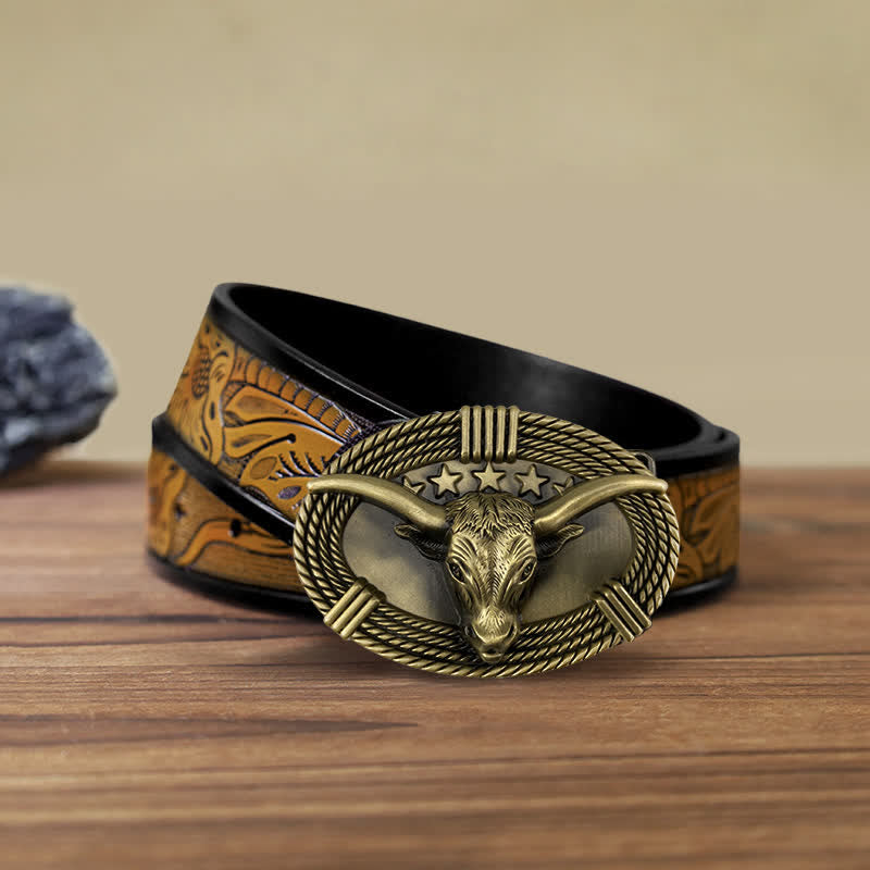 Cinturón de cuero con hebilla de cabeza de toro de cinco estrellas estilo retro para hombre