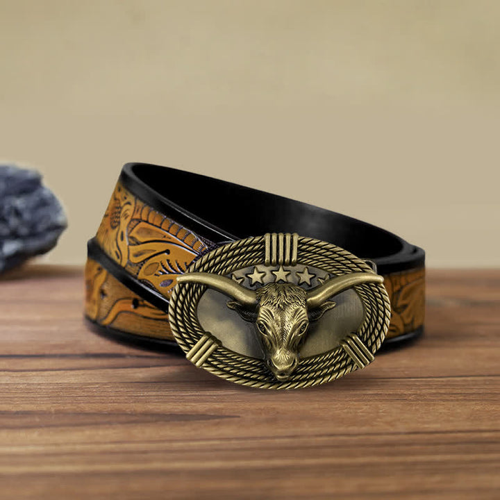 Cinturón de cuero con hebilla de cabeza de toro de cinco estrellas estilo retro para hombre