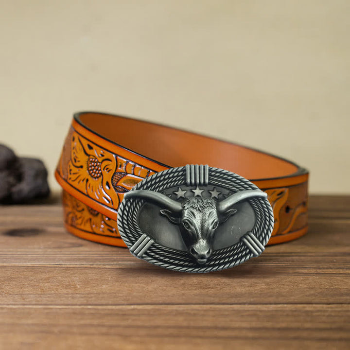 Cinturón de cuero con hebilla de cabeza de toro de cinco estrellas estilo retro para hombre