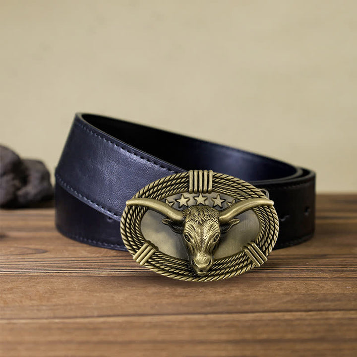 Cinturón de cuero con hebilla de cabeza de toro de cinco estrellas estilo retro para hombre