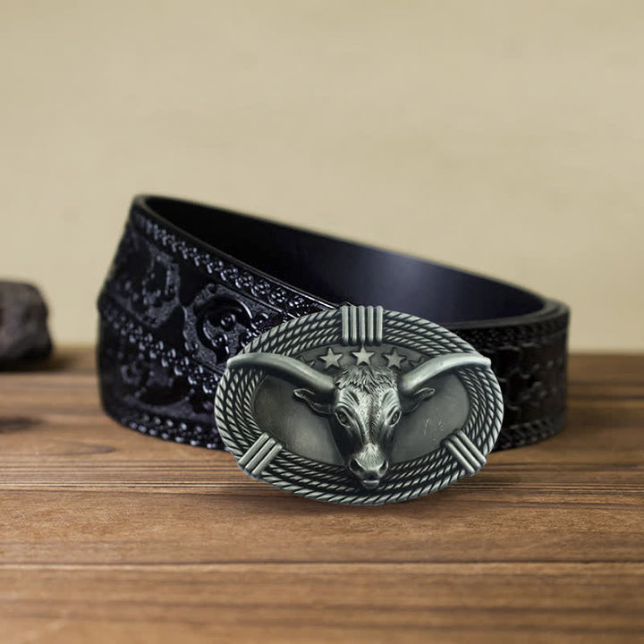Cinturón de cuero con hebilla de cabeza de toro de cinco estrellas estilo retro para hombre