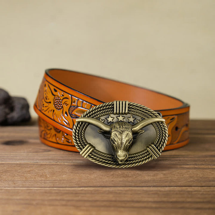 Cinturón de cuero con hebilla de cabeza de toro de cinco estrellas estilo retro para hombre